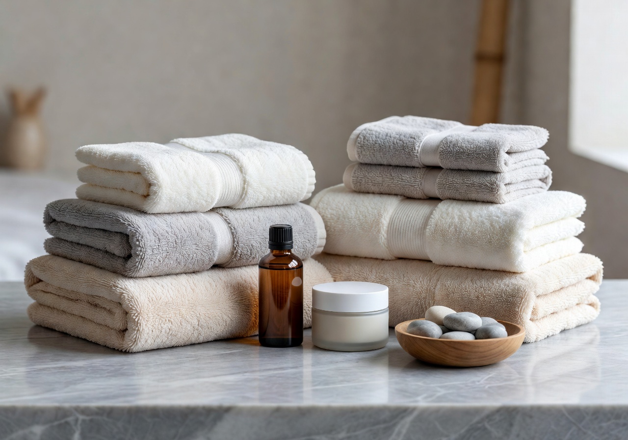Aesthetic arrangement of spa towels and products