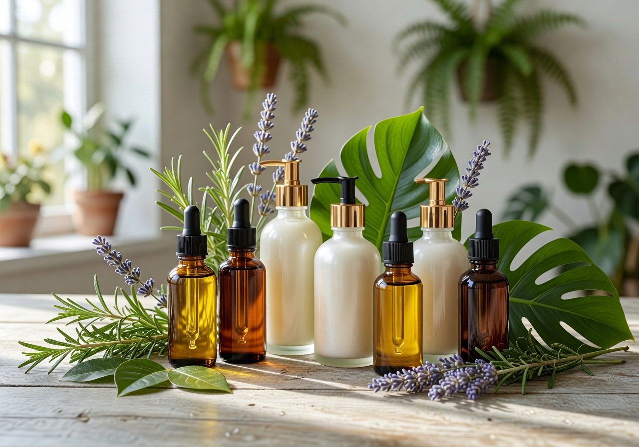 Premium botanical skincare oils and lotions display