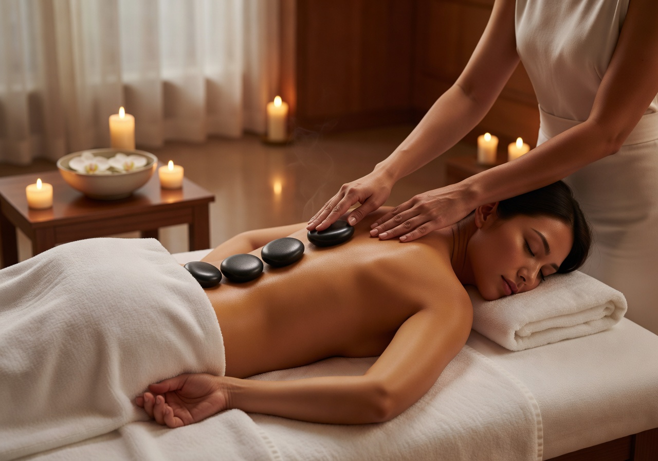 Relaxing hot stone massage in spa