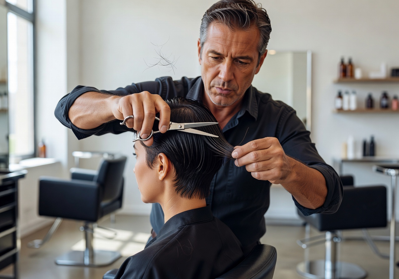 Stylist performing a precision haircut