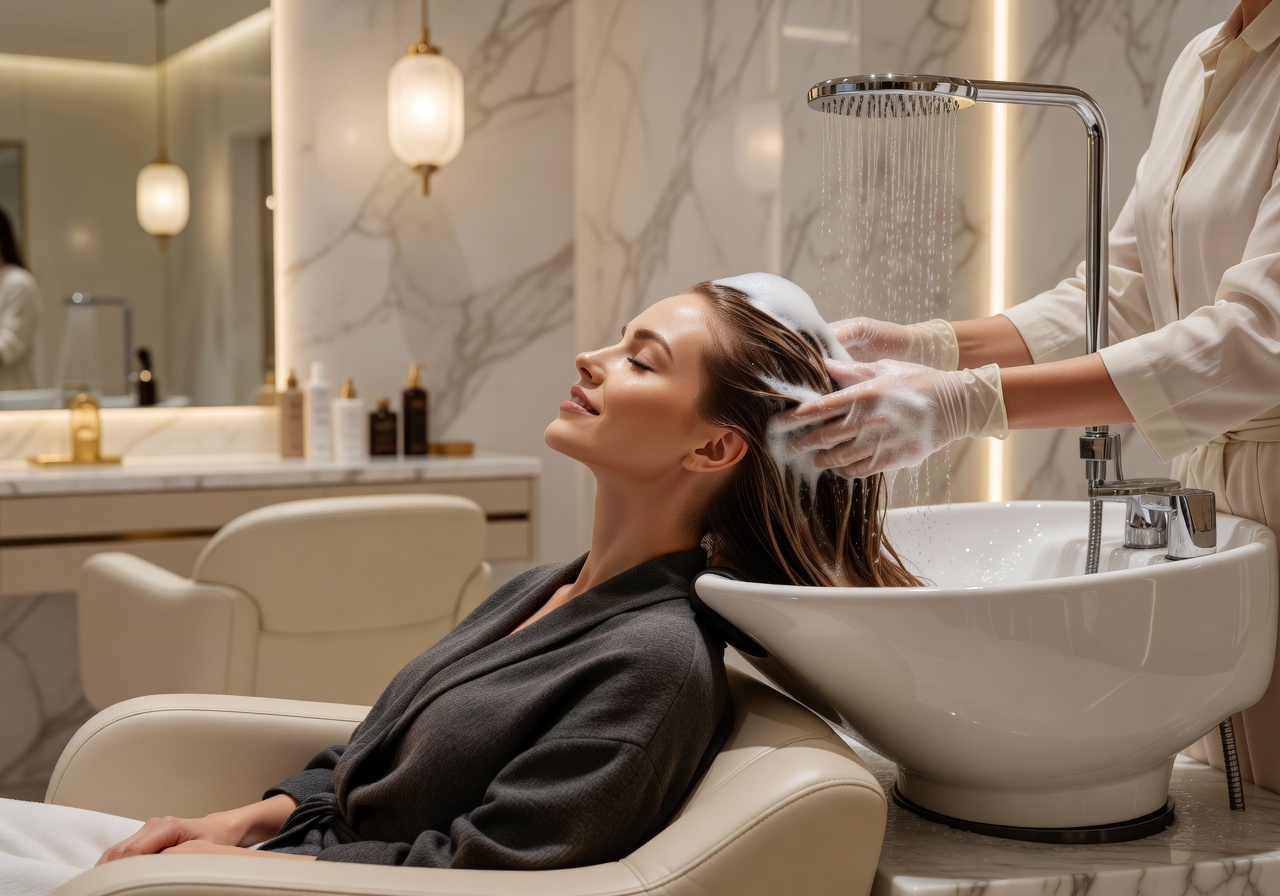 Woman getting hair washed at luxury salon